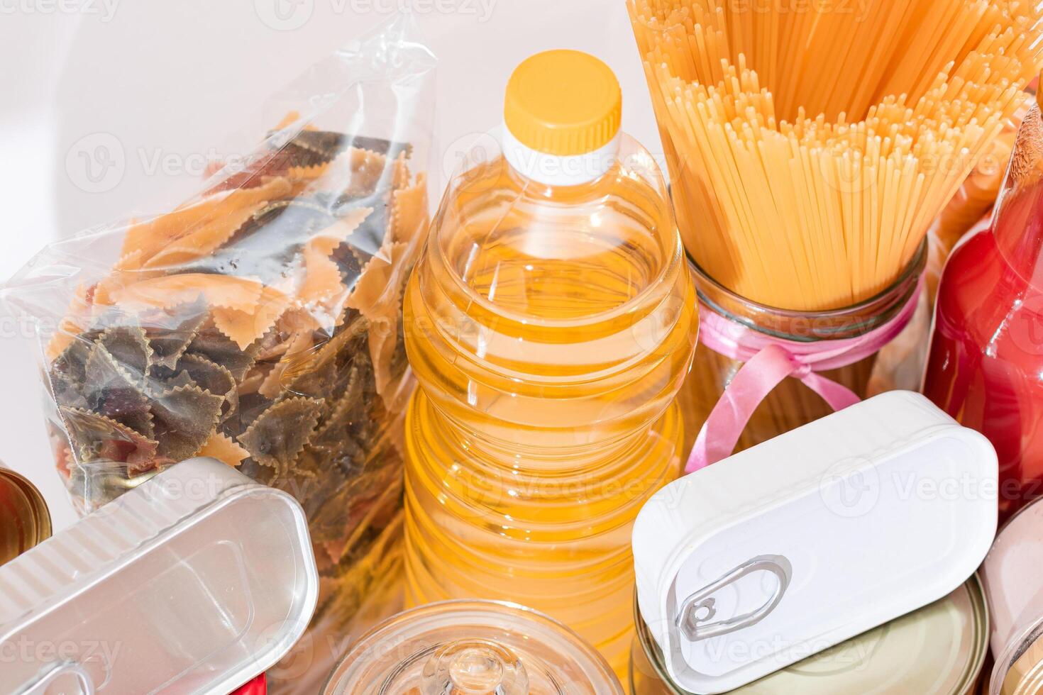 Food Reserves. Canned Food, Spaghetti, Tomato Juice, Pasta and Grocery. Emergency Food Storage in Case of Crisis. Strategic Food Supplies photo