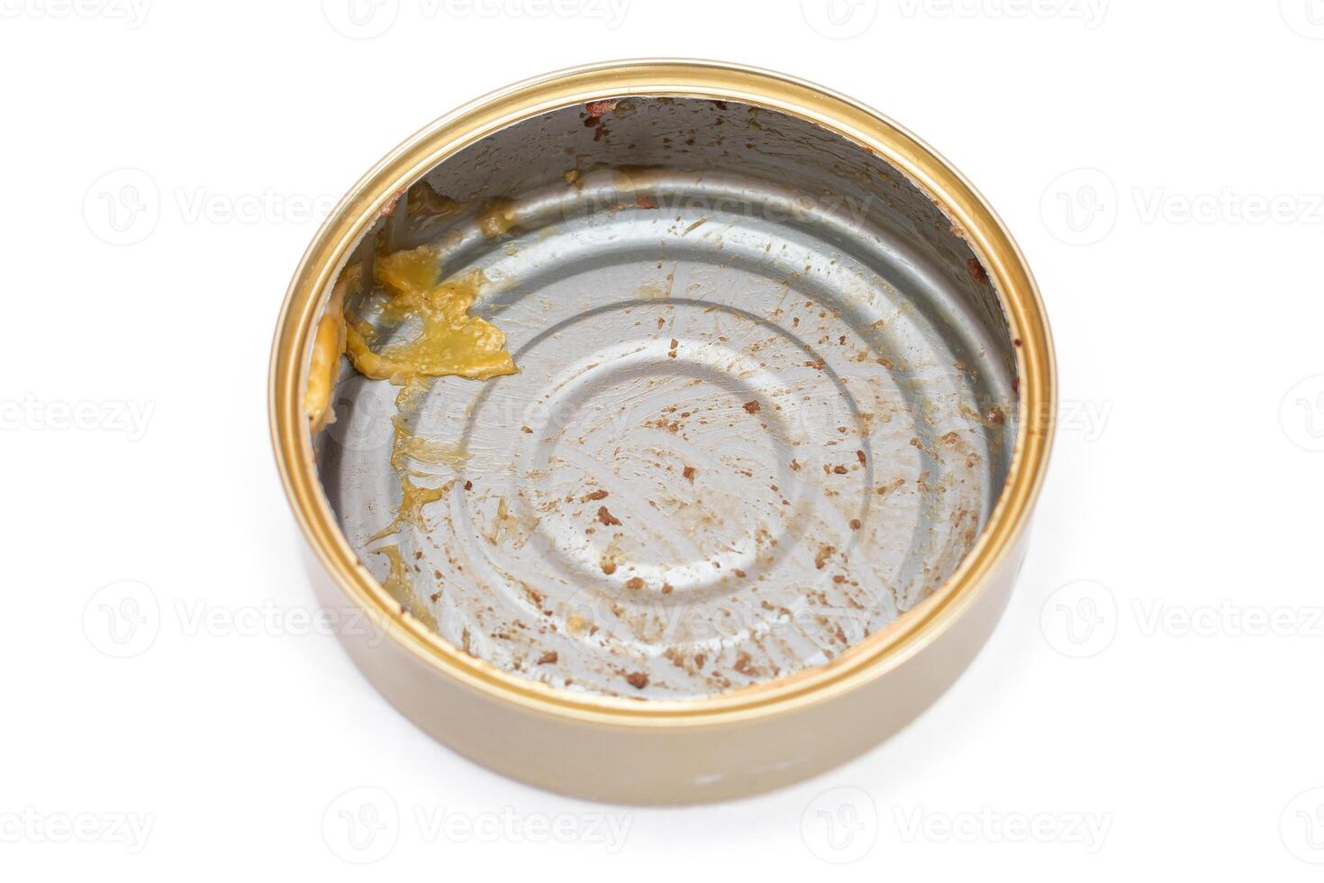 Opened Empty Tin Can Isolated on White Background. Dirty Used Aluminum Can - Isolation. Non-Degradable Inorganic Waste photo