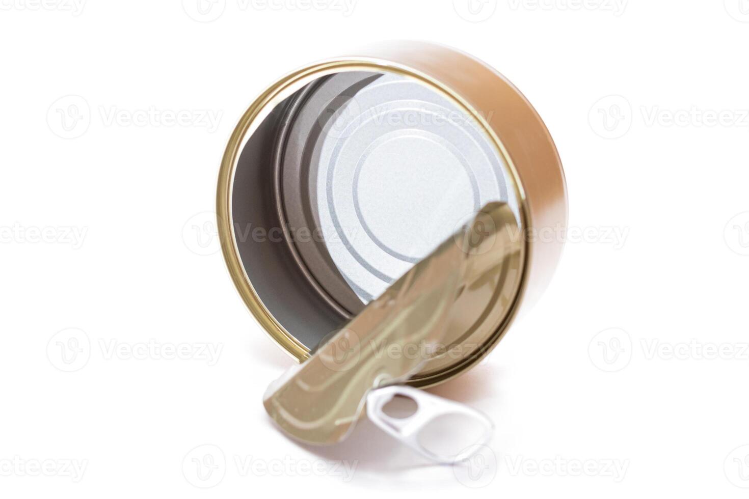 Opened Empty Tin Can Isolated on White Background. Clean Used Aluminum Can - Isolation. Non-Degradable Inorganic Waste photo