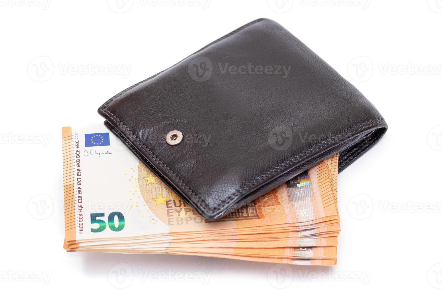 Black Leather Men Wallet with Fifty Euro Banknotes Inside - Isolated on White Background. A Purse Full of Money Symbolizing Wealth, Success and Social Status - Isolation photo