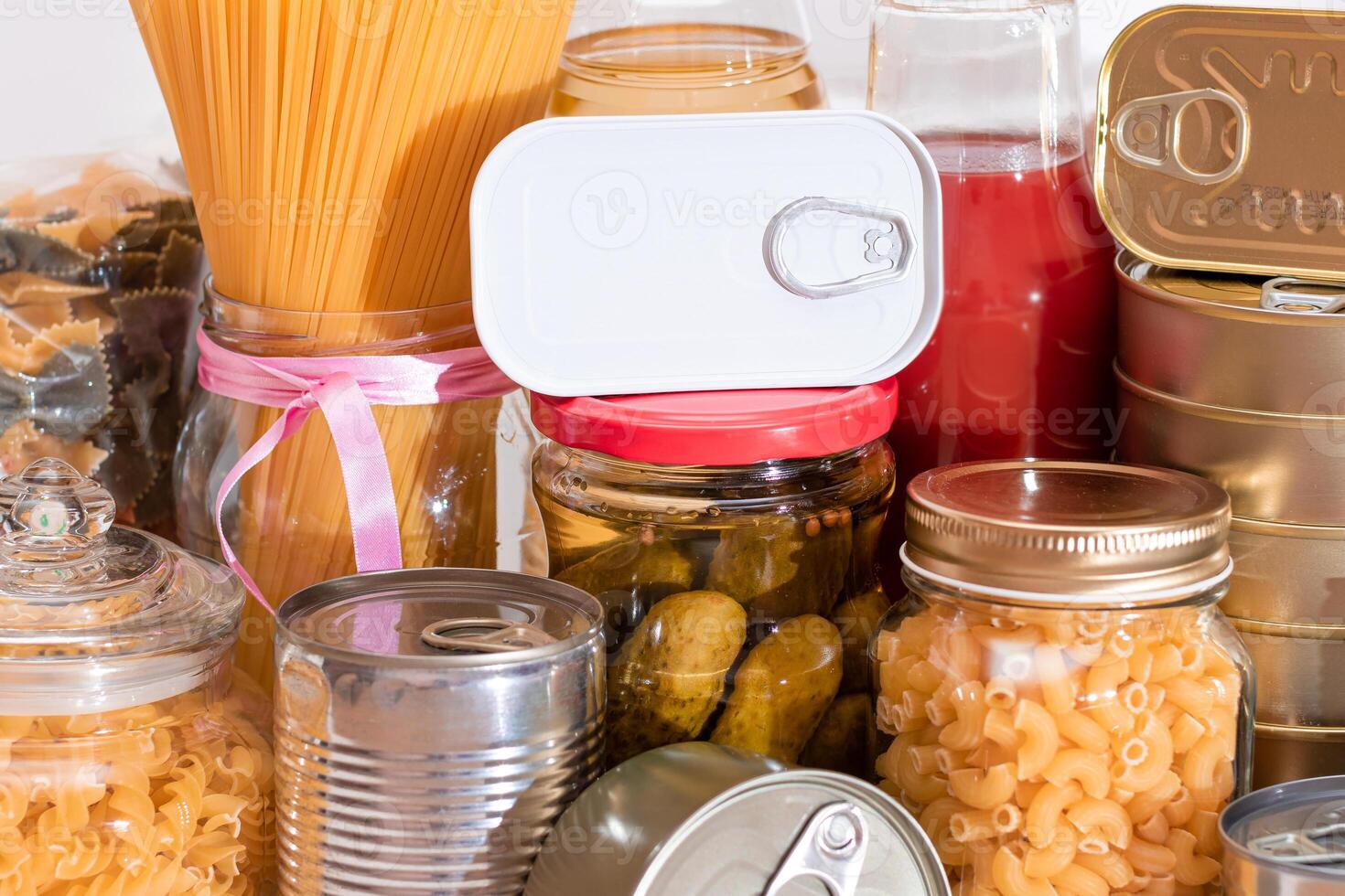 Food Reserves. Canned Food, Spaghetti, Pate, Tuna, Tomato Juice, Pasta, Fish and Grocery. Emergency Food Storage in Case of Crisis. Strategic Food Supplies photo