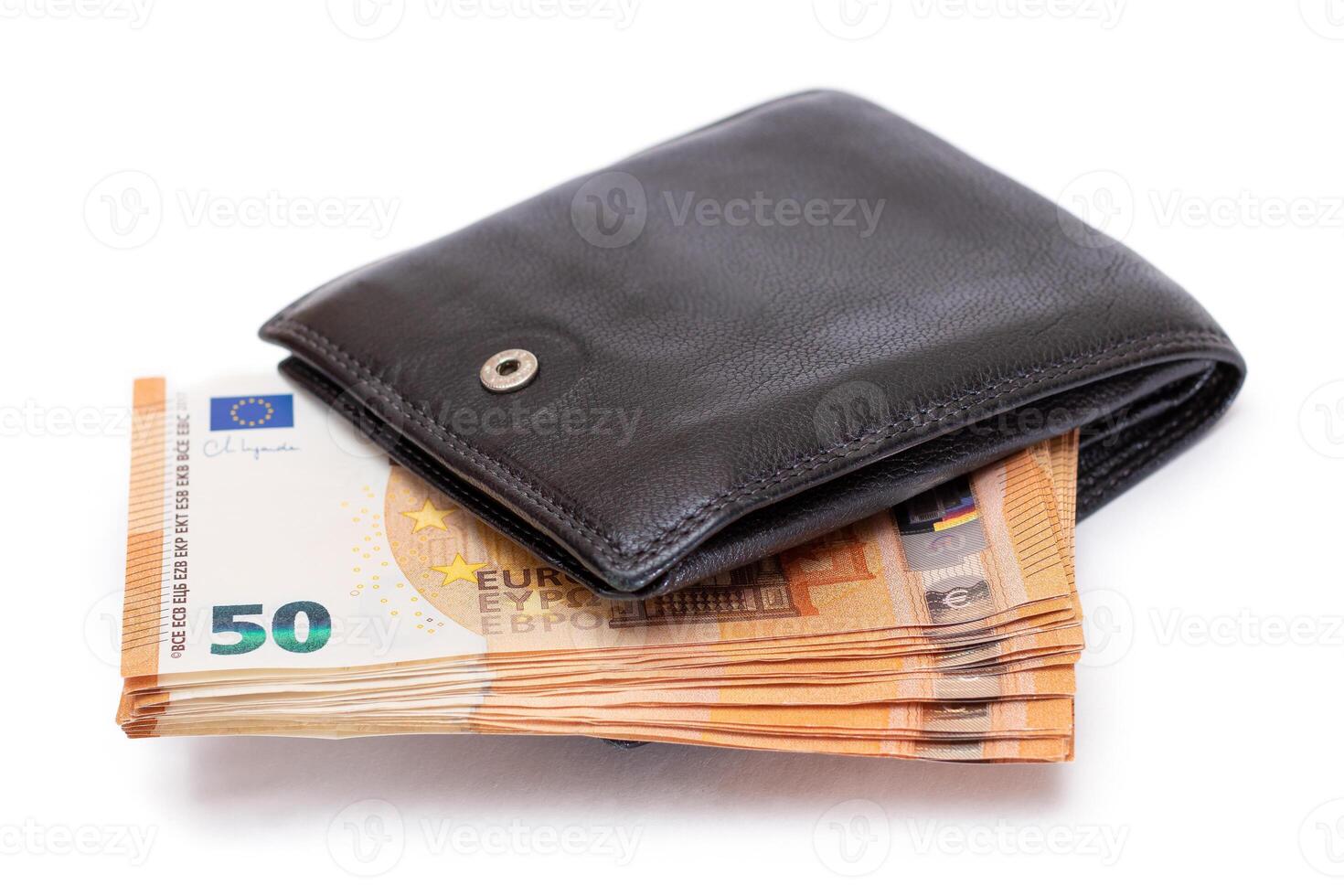 Black Leather Men Wallet with Fifty Euro Banknotes Inside - Isolated on White Background. A Purse Full of Money Symbolizing Wealth, Success and Social Status - Isolation photo