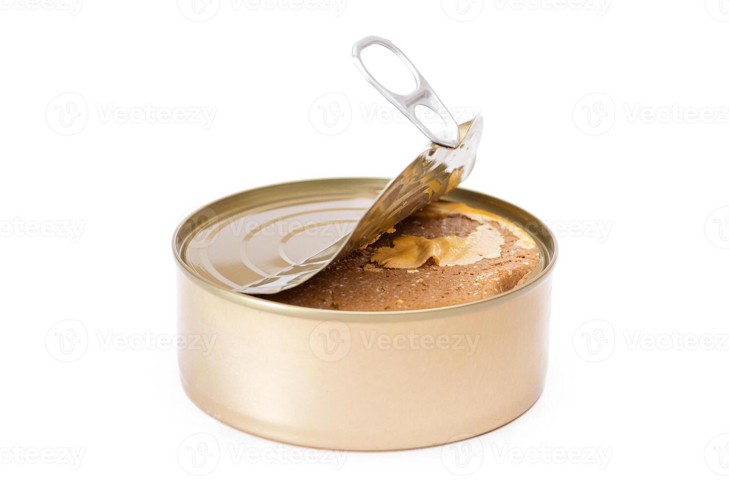 Opened Tin Can with Chicken Liver Pate Isolated on White Background. Open Canned Pate - Isolation photo