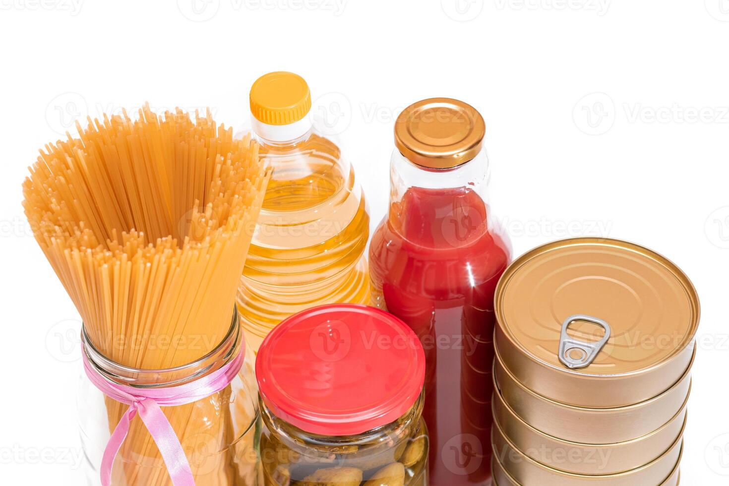 Food Reserves. Canned Food, Spaghetti, Pate, Tuna, Tomato Juice, Pasta, Fish and Grocery - Isolated on White Background. Emergency Food Storage in Case of Crisis. Strategic Food Supplies - Isolation photo