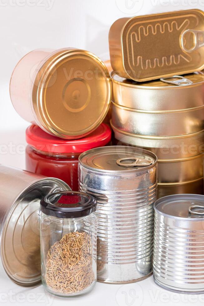 Food Reserves. Canned Food, Spaghetti, Pate, Tuna, Tomato Juice, Pasta, Fish and Grocery. Emergency Food Storage in Case of Crisis. Strategic Food Supplies photo