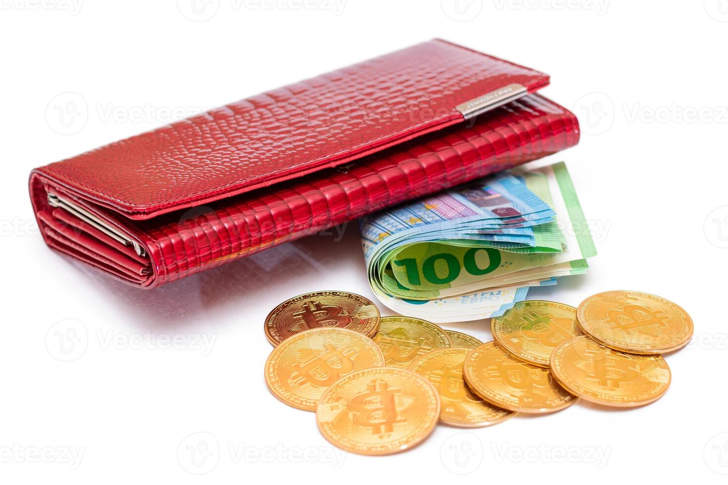 Red Leather Women Purse with Different Euro Banknotes and Bitcoin Coins - Isolated on White Background. A Wallet Full of European Union Paper Money Symbolizing Wealth and Success - Isolation photo