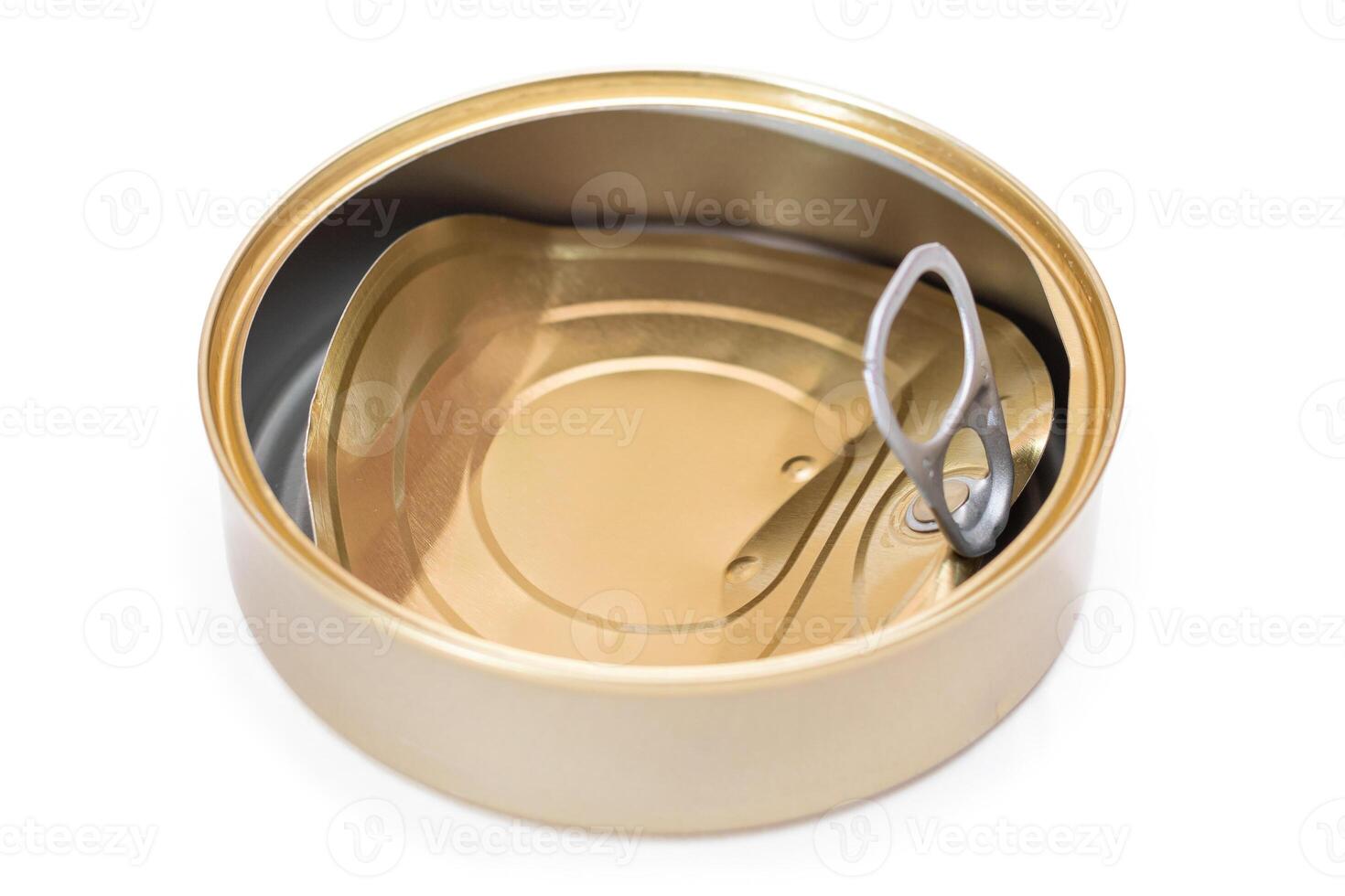 Opened Empty Tin Can With Broken Cover Isolated on White Background. Clean Used Aluminum Can - Isolation. Non-Degradable Inorganic Waste photo