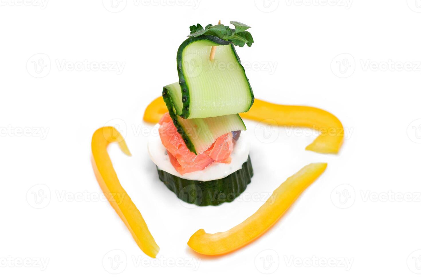 Canapes without Bread with Fresh Salmon, Cucumber and Cream Cheese - Isolated on White Background. Easy Breakfast. Diet Food. Quick and Healthy Sandwiches. Healthy Snacks with Tasty Fillings photo