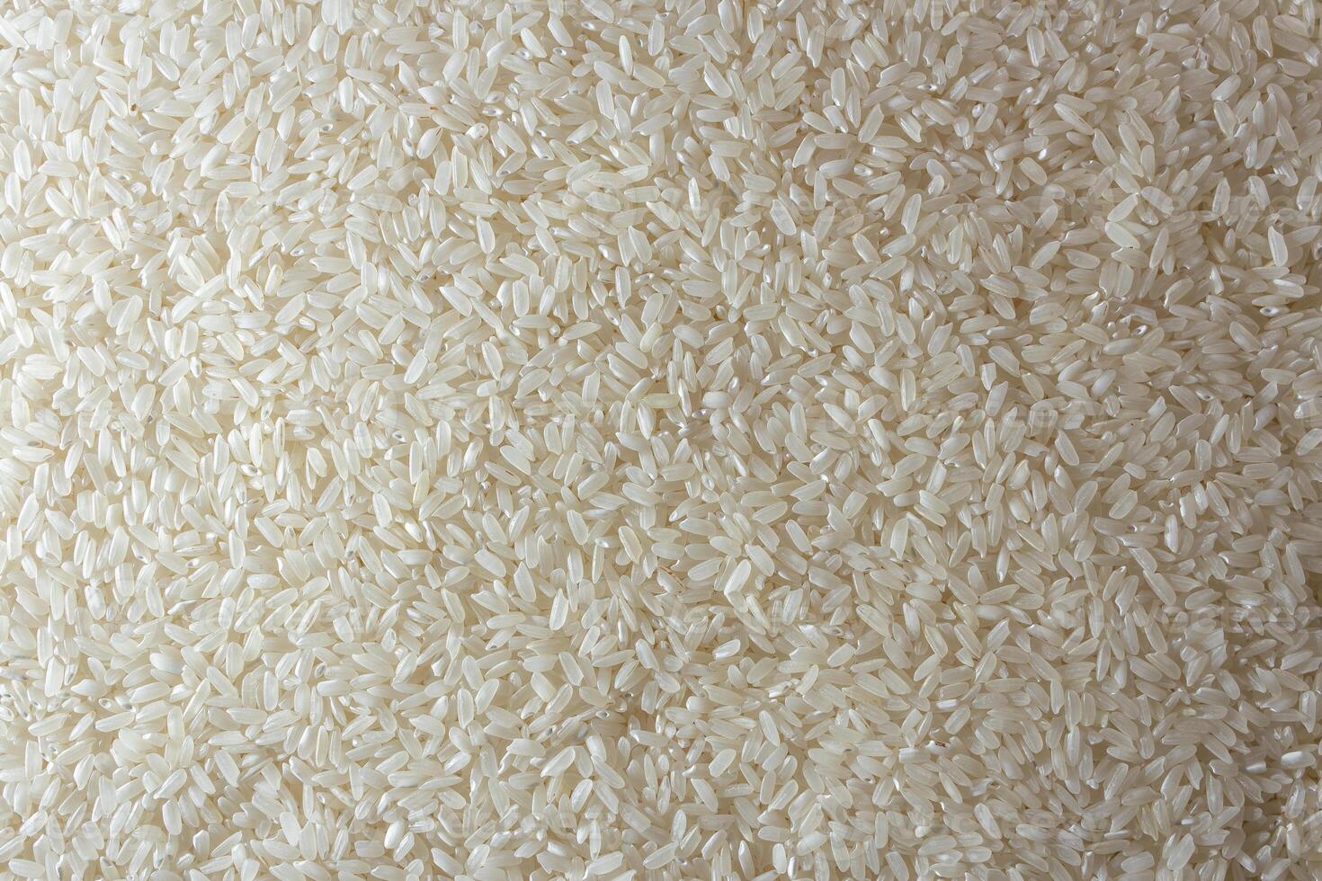 Dry Uncooked White Rice Background - Top View, Flat Lay. Scattered Raw Long Grain Rice. Asian Cuisine and Culture. Healthy Eating Ingredients. Diet Food photo
