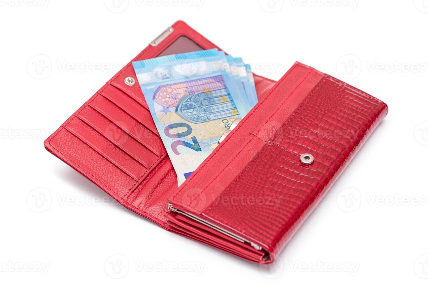 Opened Red Women Purse with 20 Euro Banknotes Inside - Isolated on White Background. A Wallet Full of Money Symbolizing Wealth, Success, Shopping and Social Status - Isolation photo