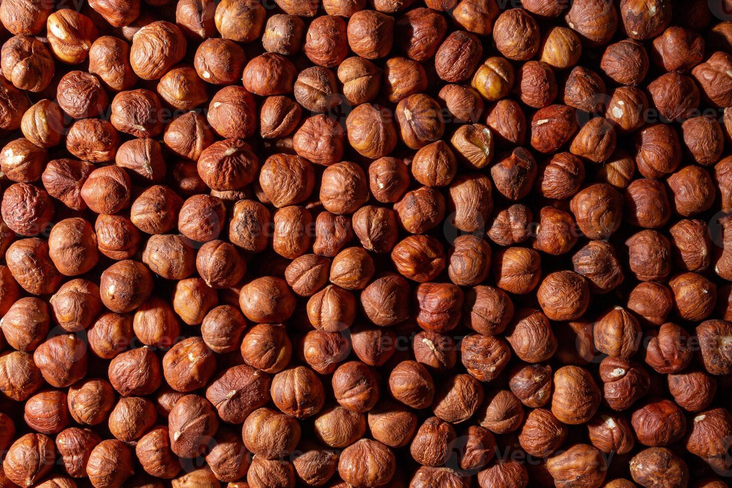 Scattered Peeled Hazelnut - Top View. Background from Hazelnuts. Natural High-Calorie Snacks photo