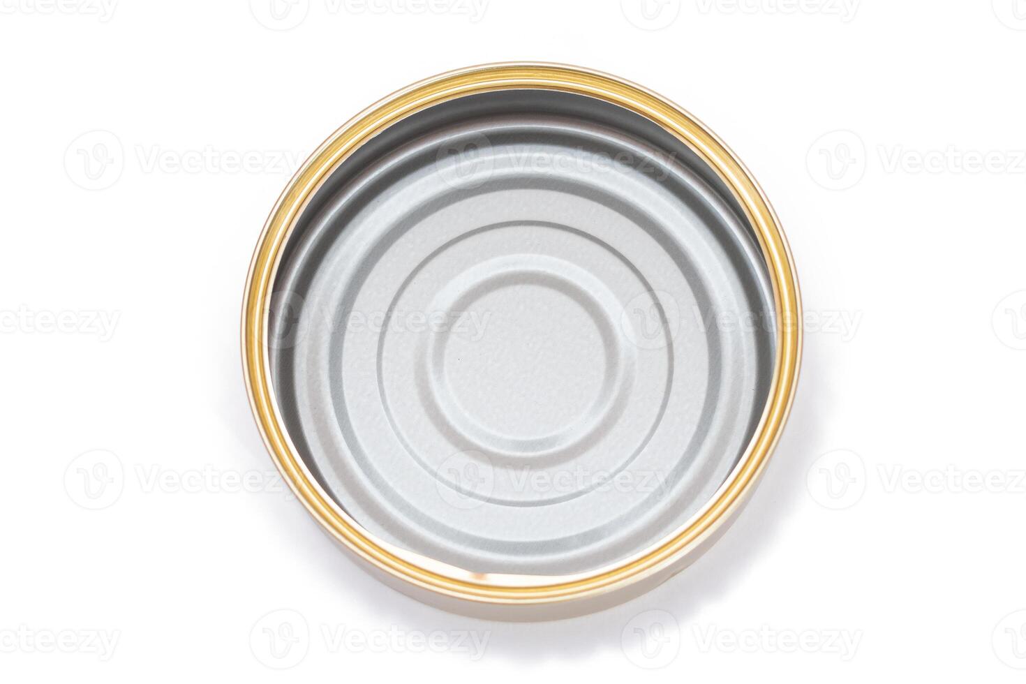 Opened Empty Tin Can Isolated on White Background. Clean Used Aluminum Can - Isolation. Non-Degradable Inorganic Waste photo