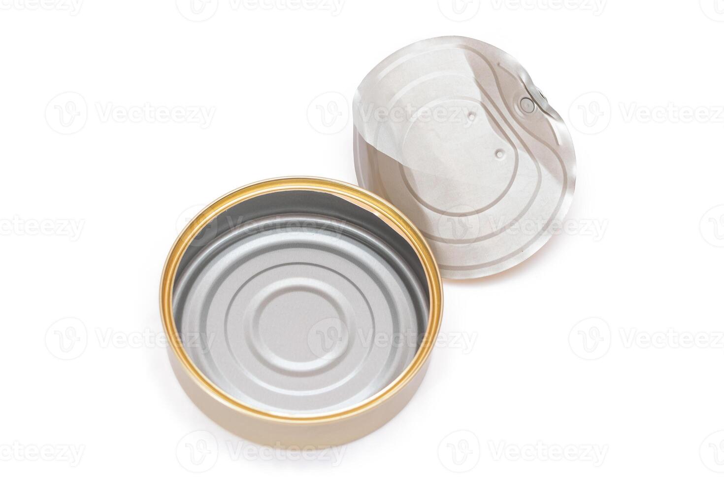 Opened Empty Tin Can With Broken Cover Isolated on White Background. Clean Used Aluminum Can - Isolation. Non-Degradable Inorganic Waste photo