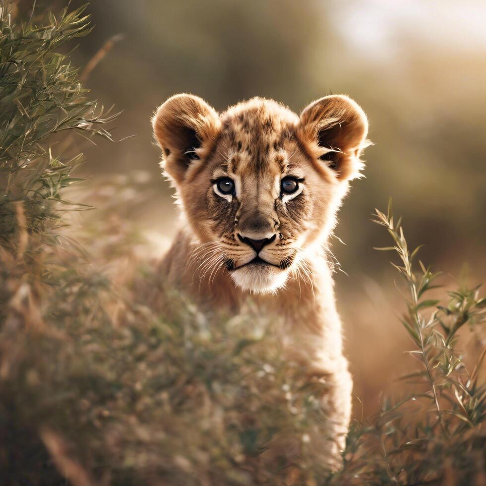 Lion cub in a bush photo
