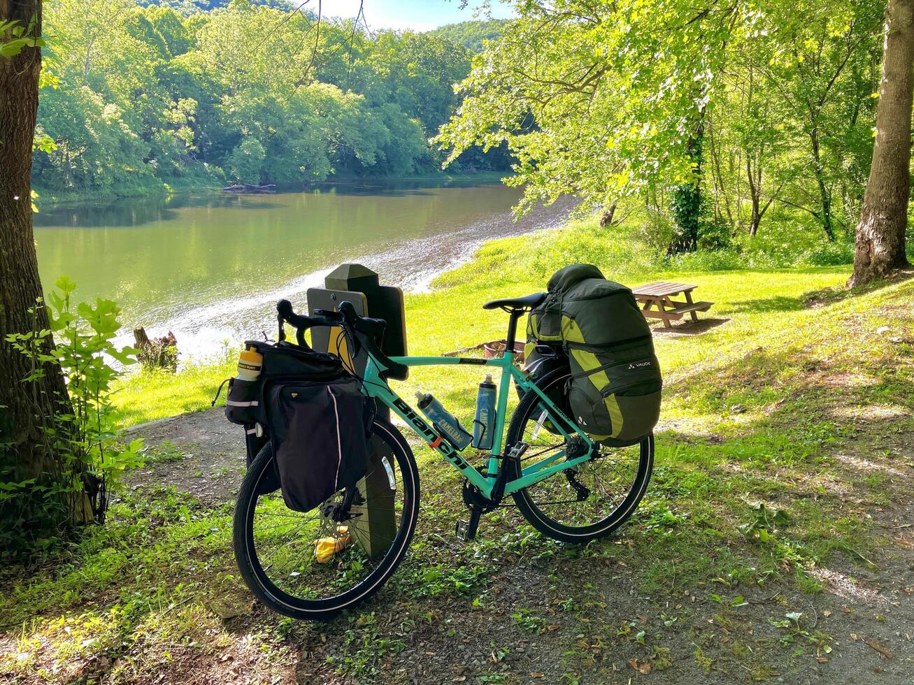 bicycle, touring, camping, bike path, river, tunnel, bridge, tent photo
