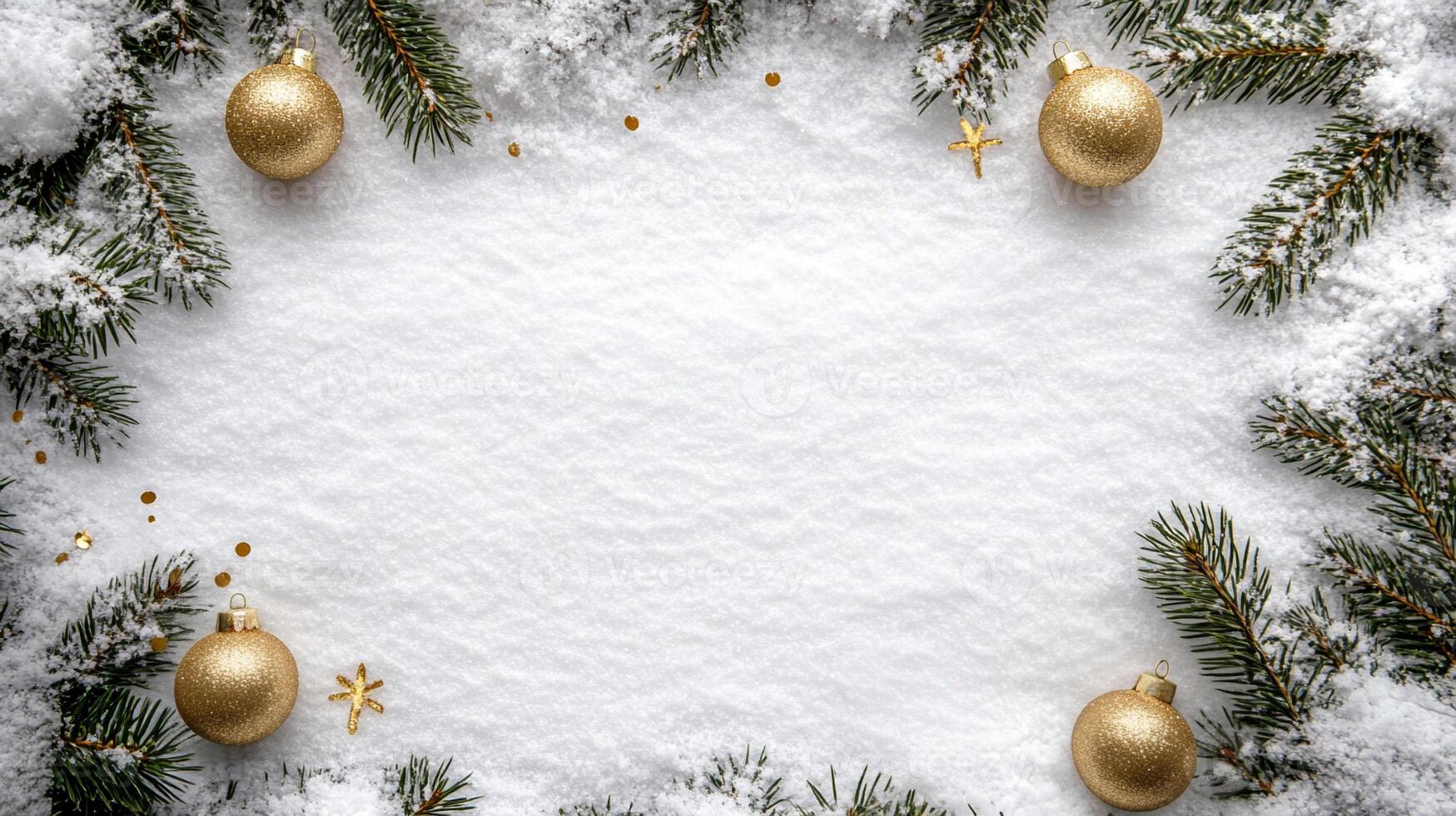 white snow background with green pine branches and Christmas ornament frame decoration with empty space photo