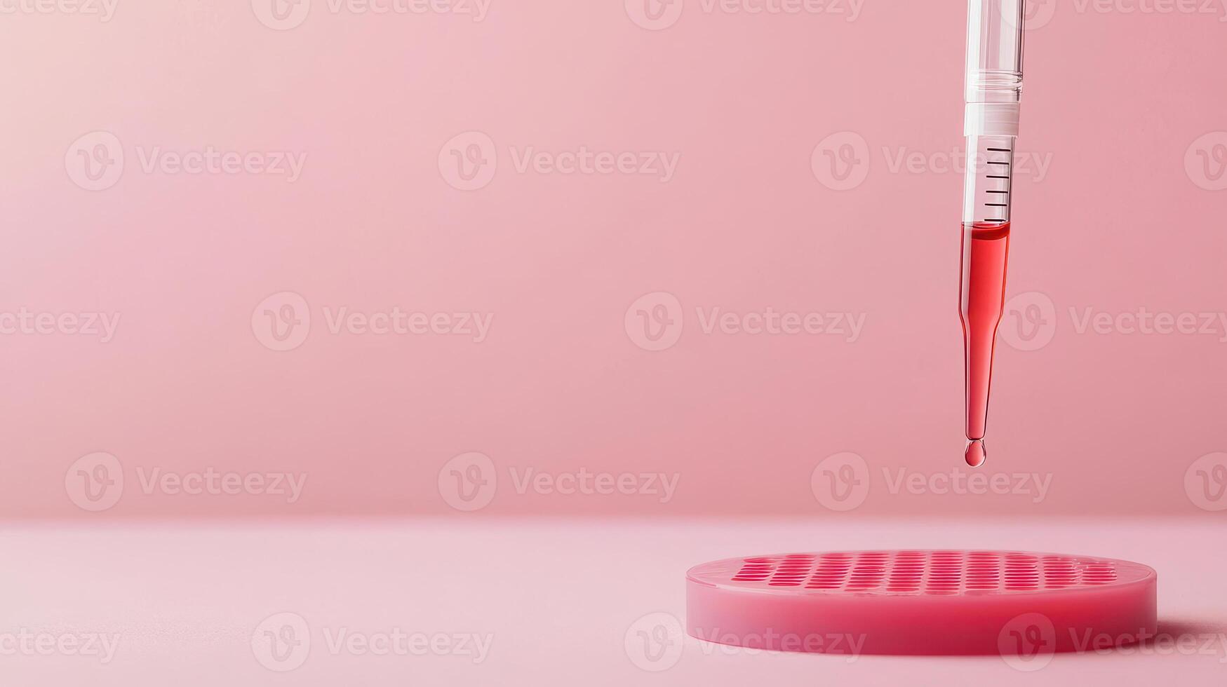 Detailed shot of pipette dispensing liquid into petri dish, showcasing precision in laboratory setting. soft pink background adds calming effect photo