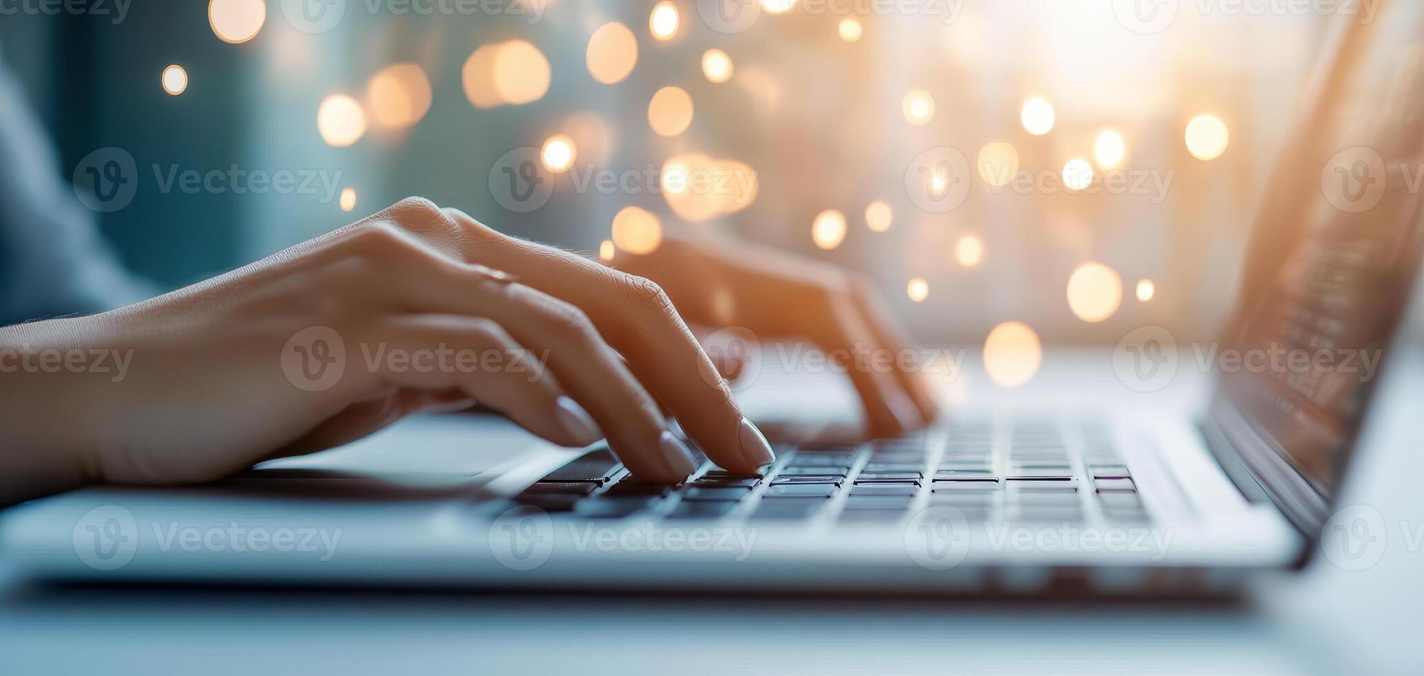Hands typing on laptop keyboard with blurred background of lights, creating warm and focused atmosphere photo
