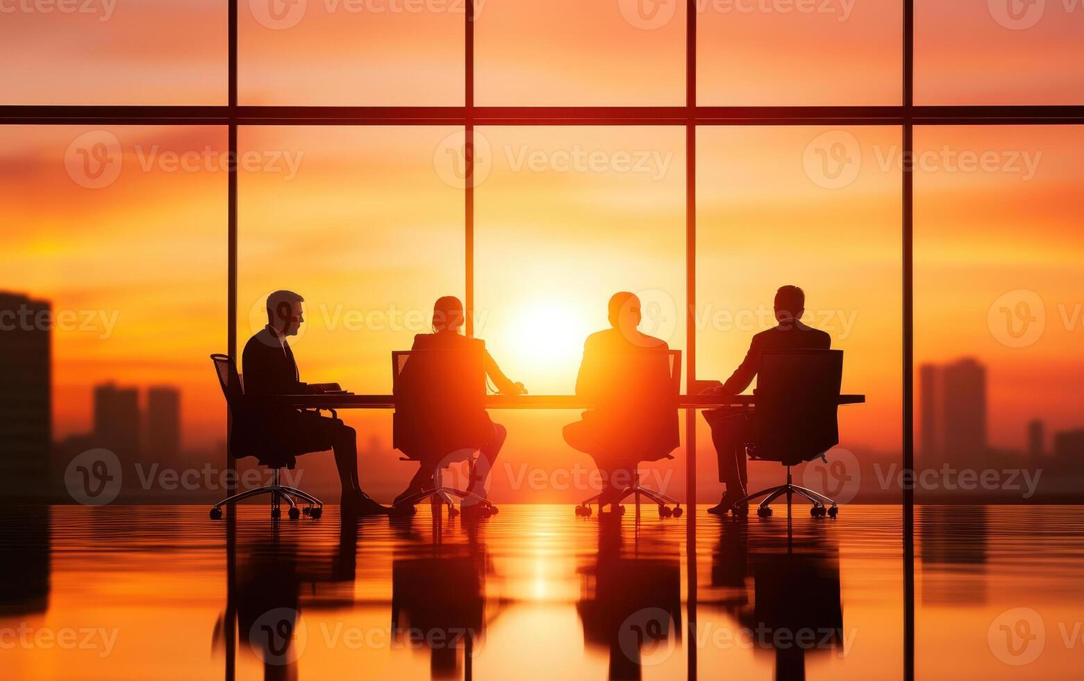 group of colleagues working together in meeting room at sunset, discussing strategies and ideas. silhouettes create dramatic atmosphere photo