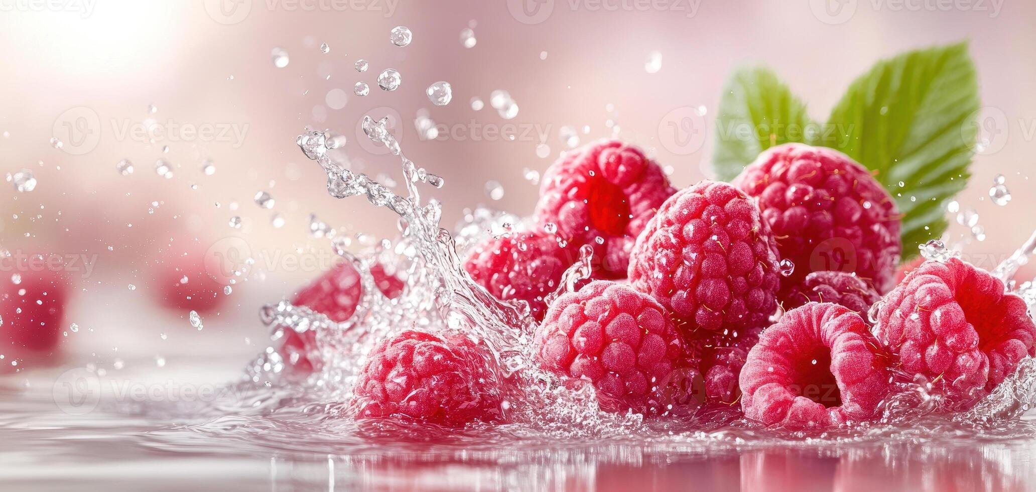 Fresh raspberries splashing in water with mint leaves, creating vibrant and refreshing scene. droplets enhance lively atmosphere, perfect for summer photo