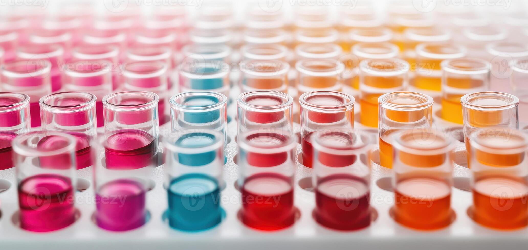Close up on transparent test tubes filled with vibrant colored liquids, showcasing spectrum of pink, blue, orange, and red hues. arrangement creates visually striking pattern photo