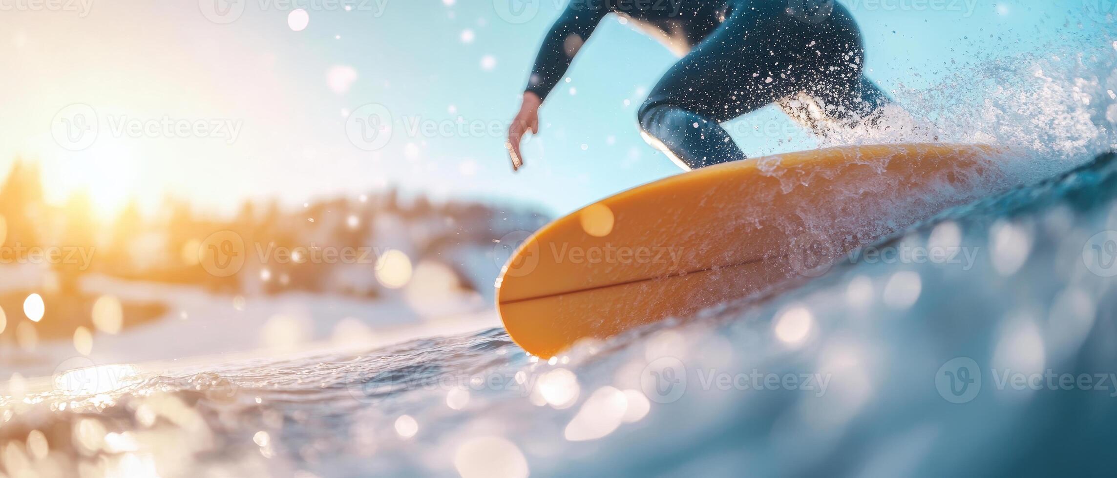 Surfing on ocean waves during sunset, showcasing dynamic moment of adventure and excitement. vibrant colors and splashes of water create lively atmosphere photo