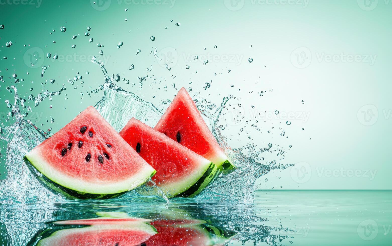 Fresh watermelon slices splashing into clear water create refreshing scene. vibrant colors and dynamic movement evoke sense of summer joy and vitality photo