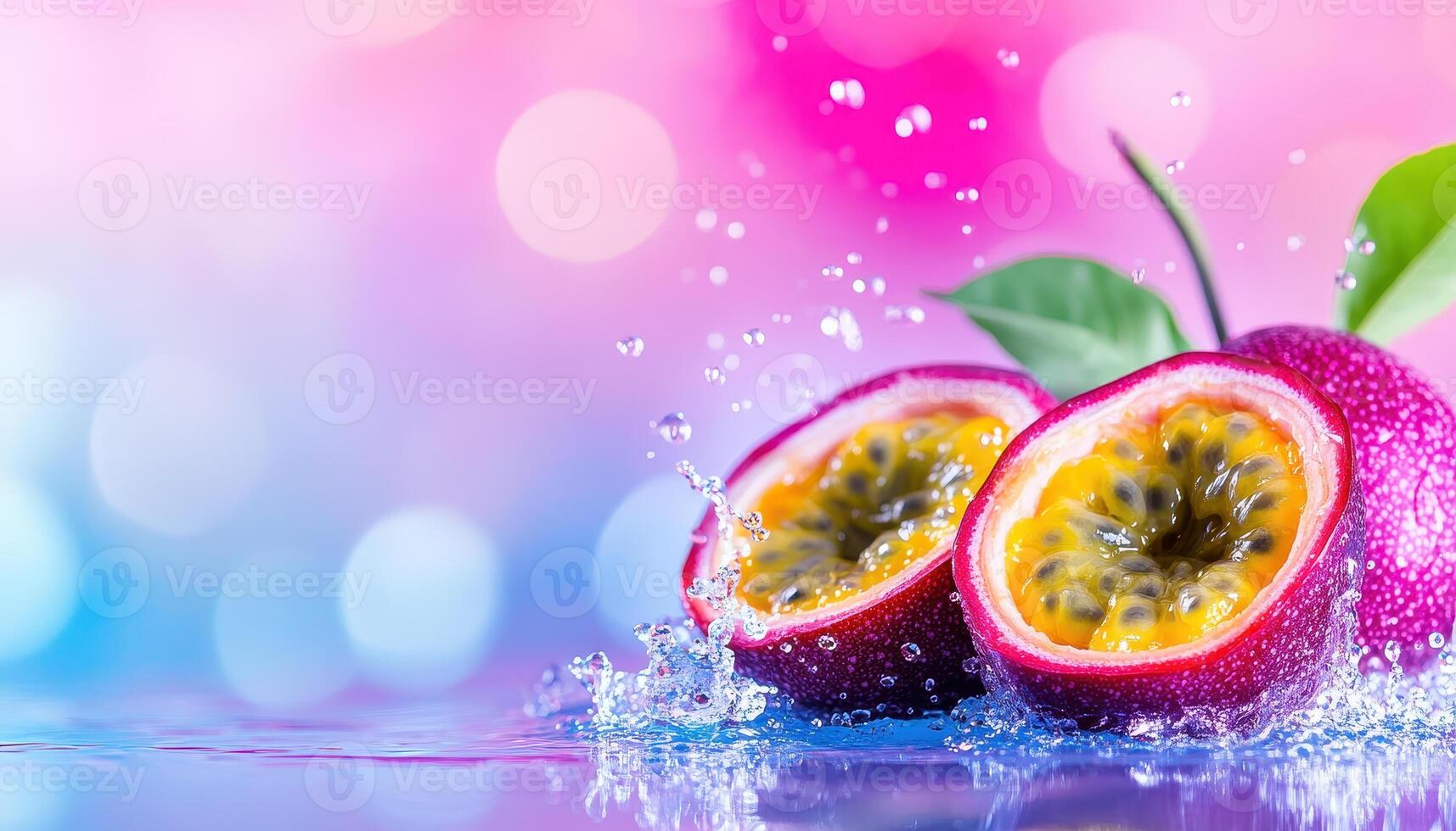 Fresh passion fruit halves with water splashes create vibrant scene, showcasing juicy interior and colorful exterior against blurred background. image evokes refreshing and tropical feel photo