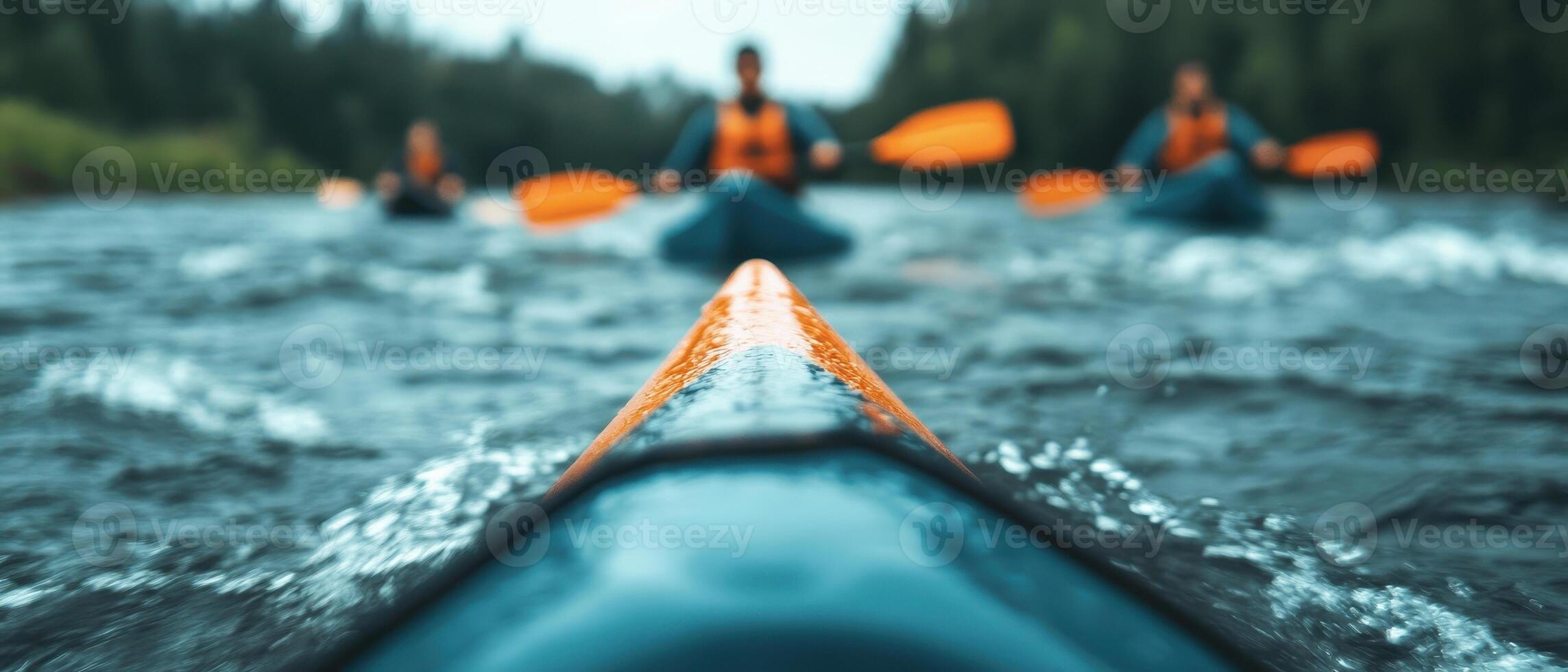 Adventurers kayaking on river, showcasing teamwork and excitement. vibrant orange paddles contrast with blue kayaks, creating dynamic scene of outdoor adventure photo