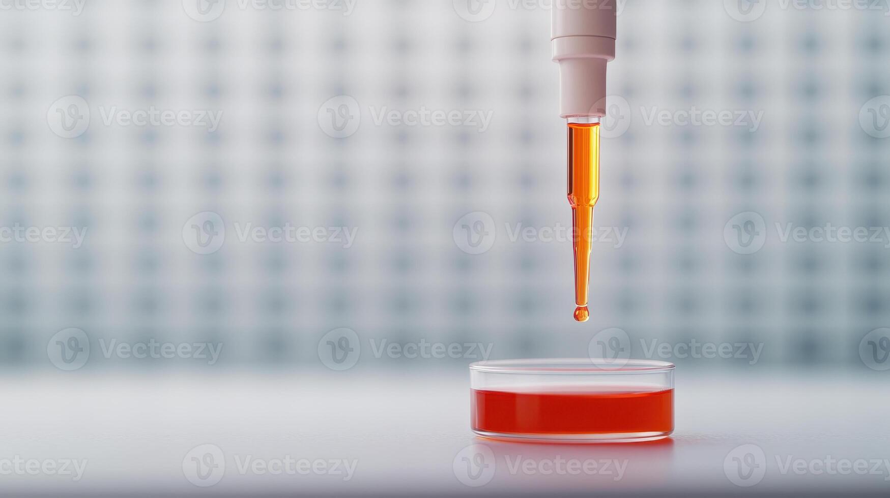 Detailed shot of pipette dispensing liquid into petri dish, showcasing vibrant orange liquid. image captures moment of precision in laboratory setting photo
