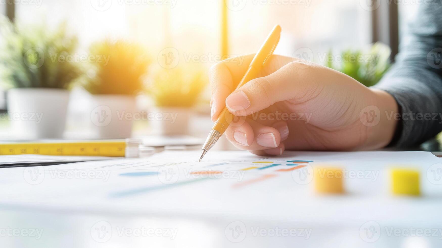 Hand holding pen, analyzing charts and graphs for strategy planning, with bright workspace and plants in background, creating productive atmosphere photo
