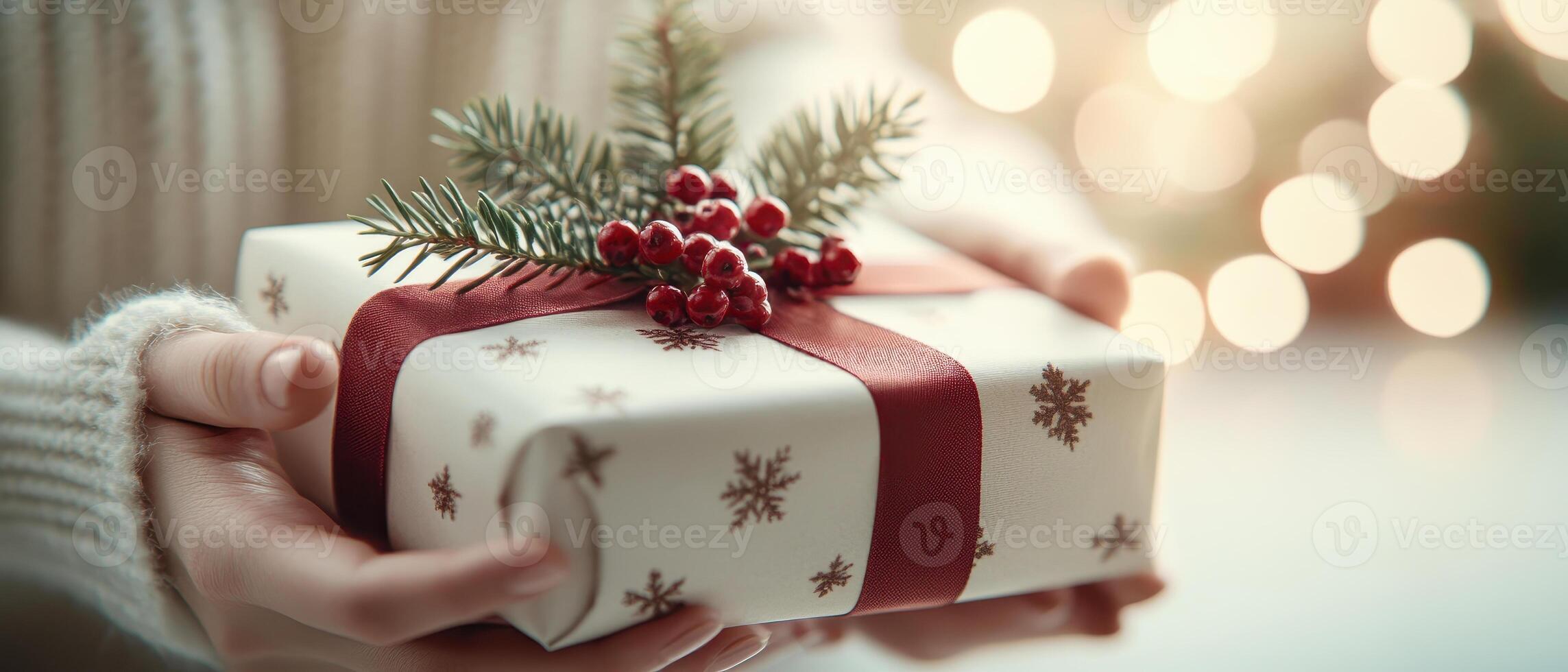 beautifully wrapped Christmas gift held in hands, adorned with festive decorations like pine branches and berries, creating warm holiday atmosphere photo