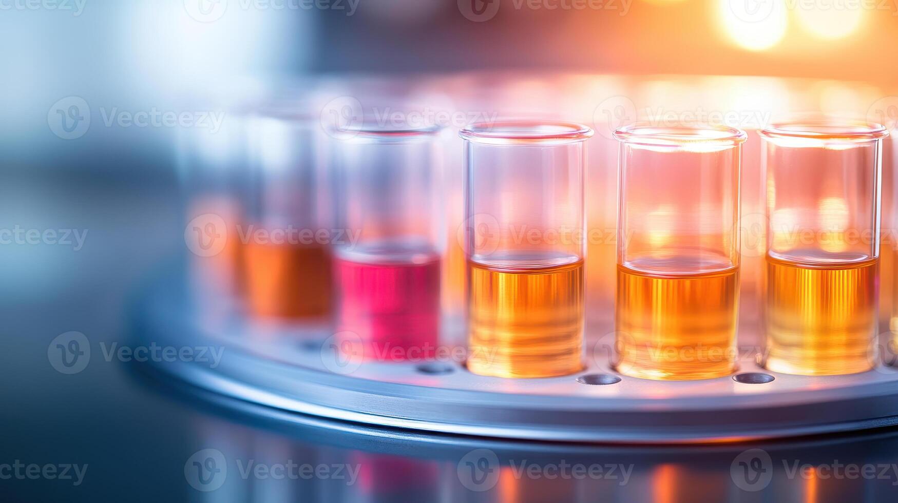 Close up of laboratory centrifuge tube rack with colorful liquid samples. vibrant hues of liquids create engaging visual, showcasing scientific experimentation photo