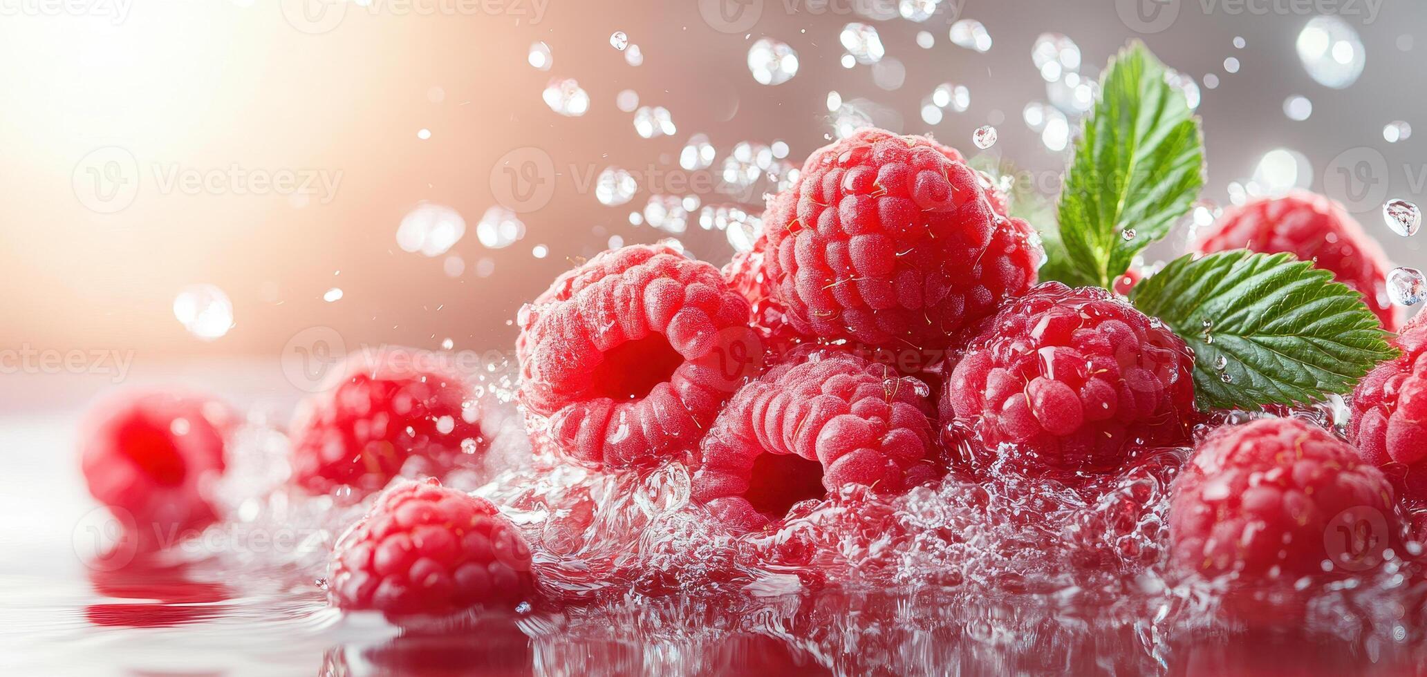 Fresh raspberries with water splashes create vibrant scene, showcasing their juicy texture and rich color. refreshing droplets enhance appeal of these delicious berries photo