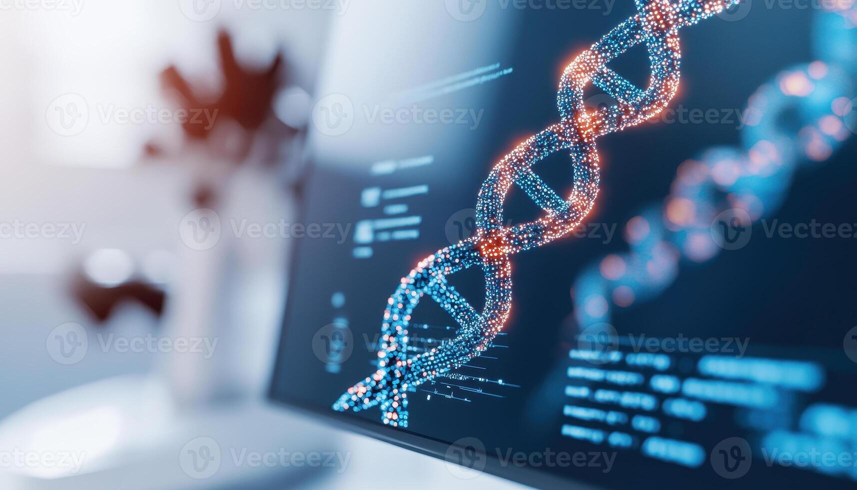 Digital representation of DNA sequence in biotechnology lab, showcasing intricate details and vibrant colors. setup emphasizes advanced technology and research in genetics photo