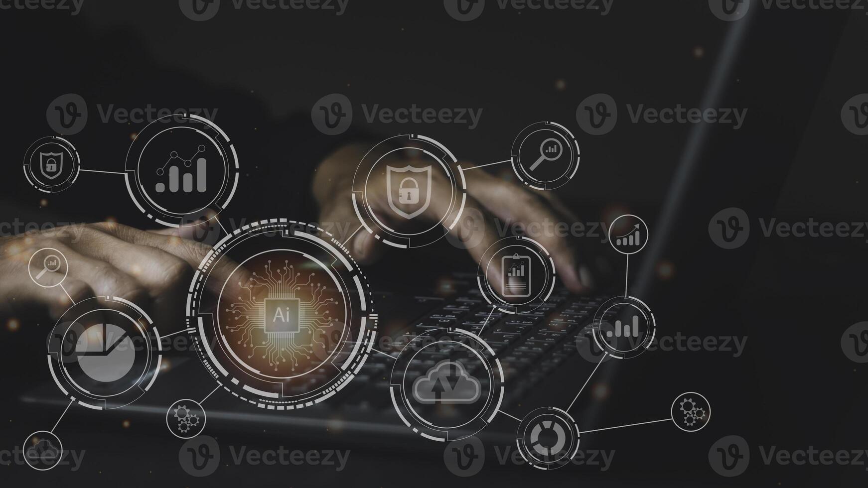 Man using labtop with internet of things concept. new technology bigdata and business process strategy, customer service management, cloud computing, smart industry. Ai technology. photo