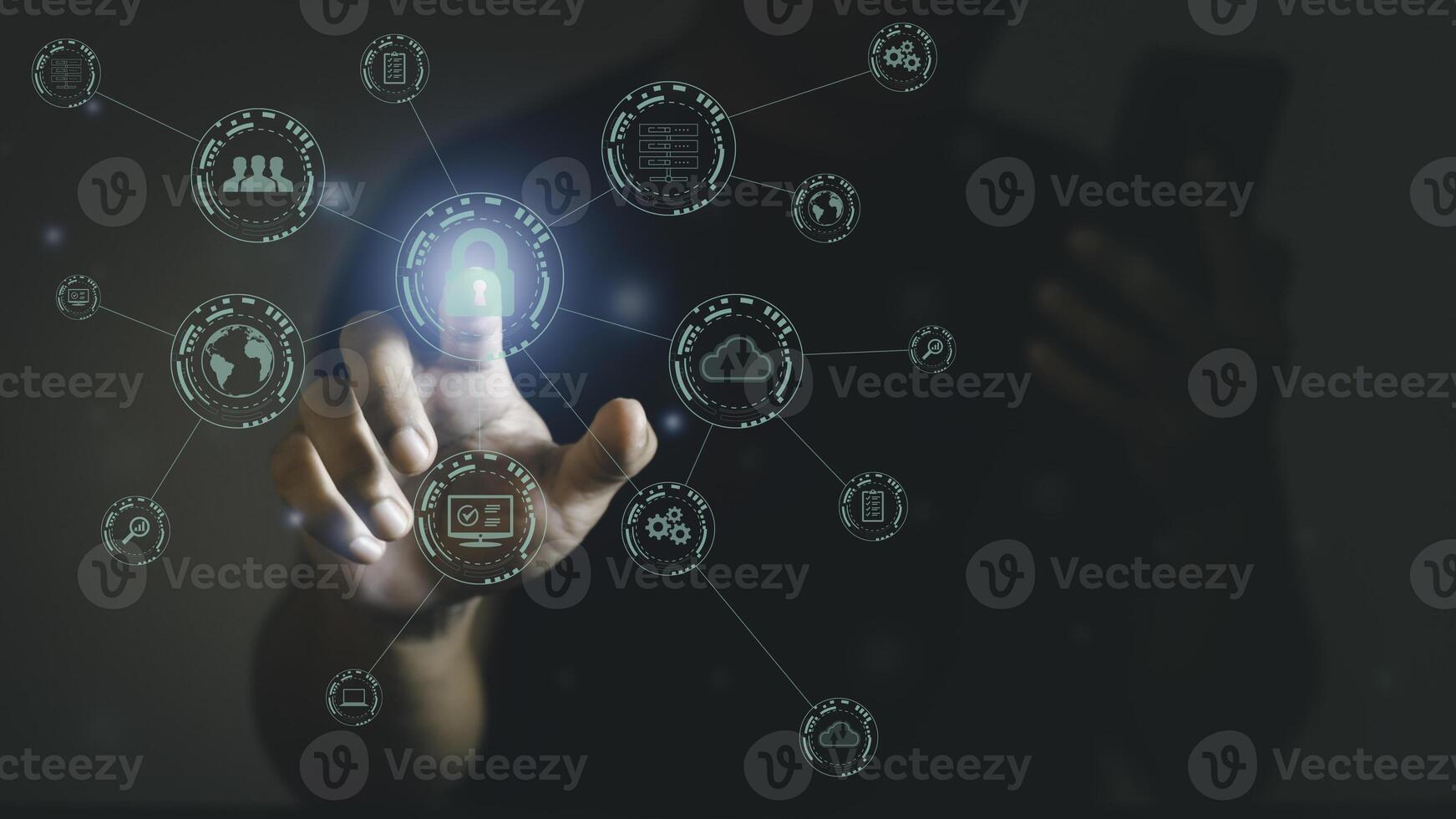 Man using mobile for digital transformation management, internet of things , new technology big data and business process strategy, automate operation, customer service management, cloud computing. photo