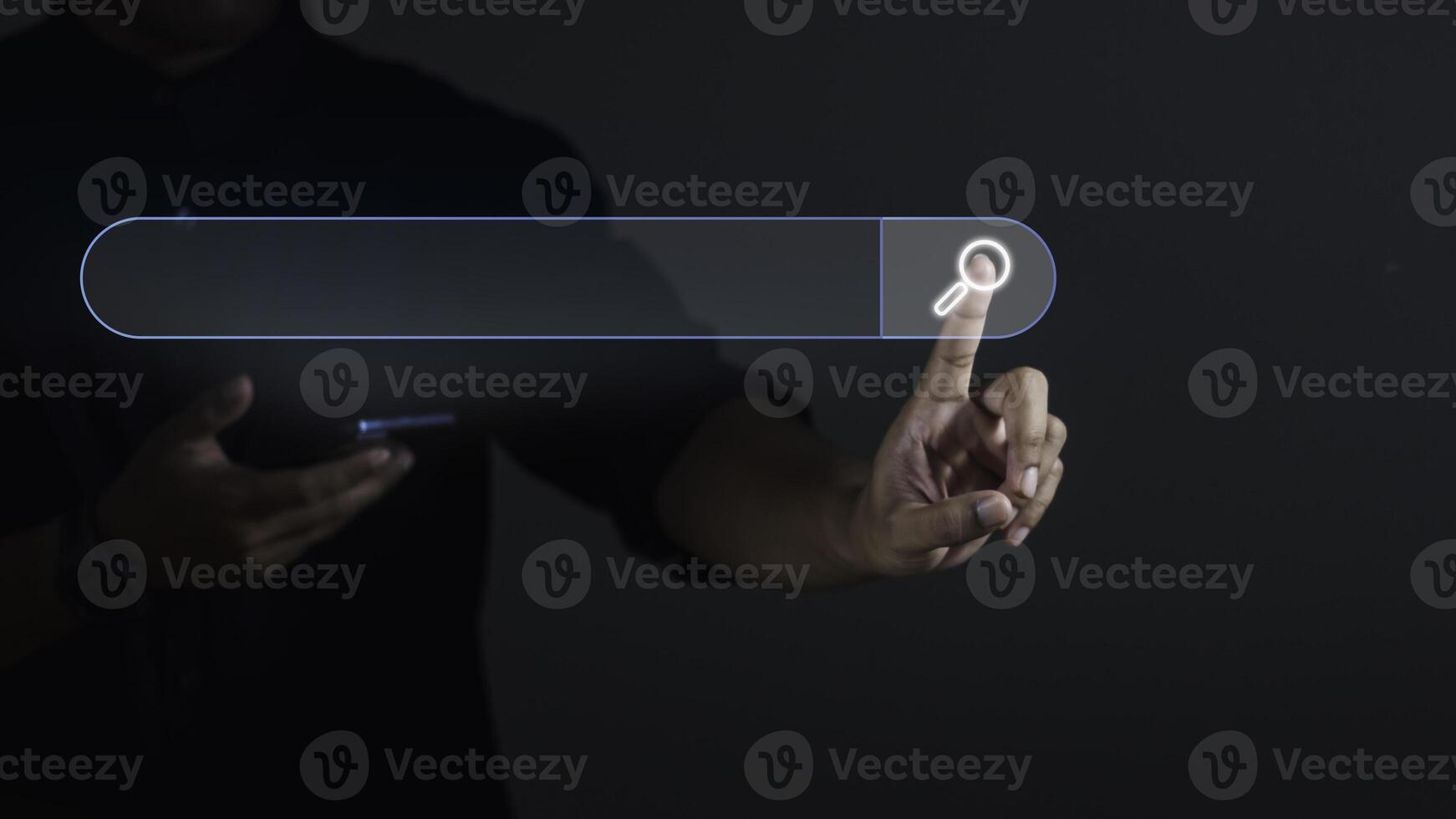 Search Engine Optimization SEO Networking Concept. Businessman using smartphone and touching search icon on virtual screen. photo