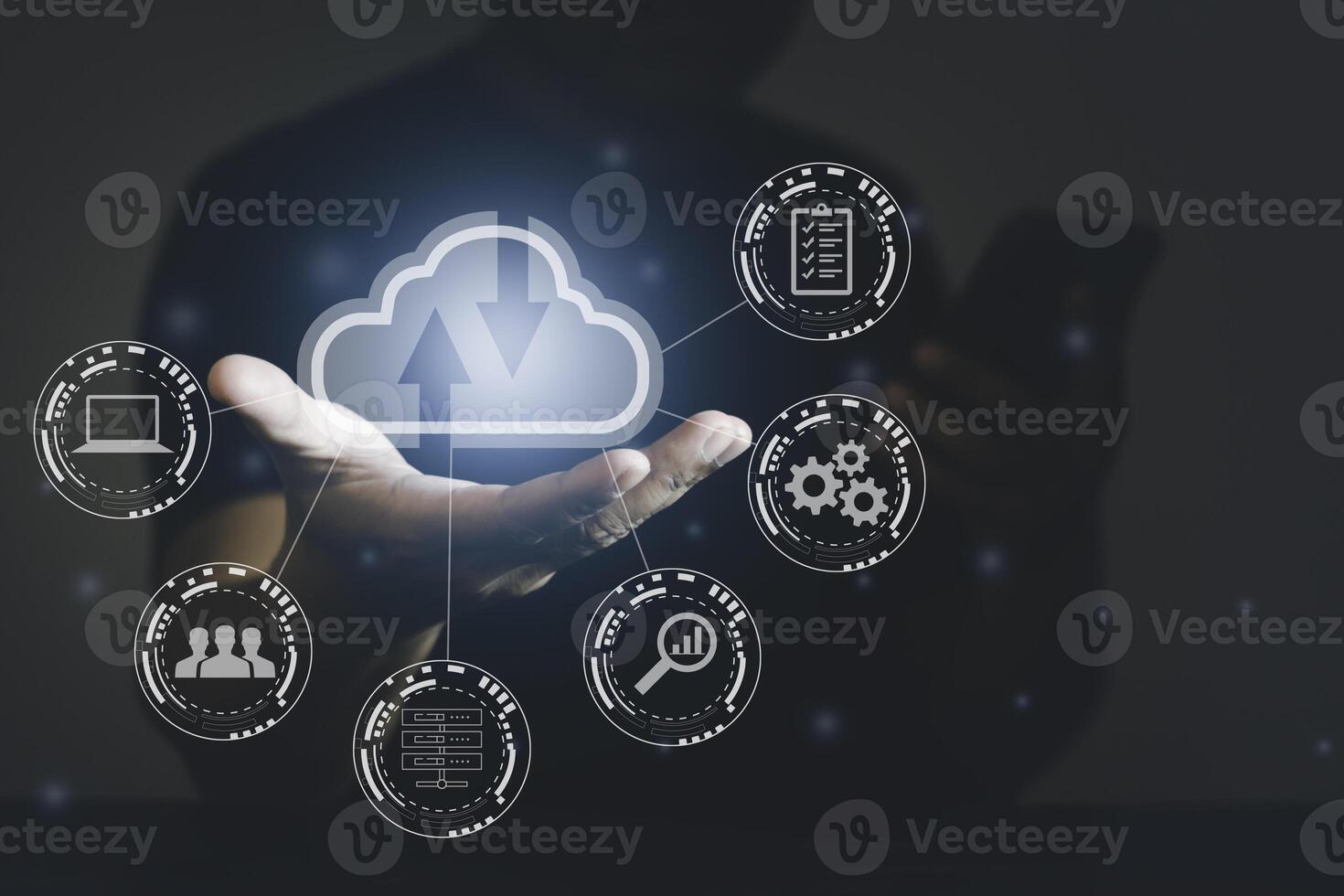 Man use mobile with cloud computing diagram show on hand. Cloud technology. Data storage. Networking and internet service concept. photo