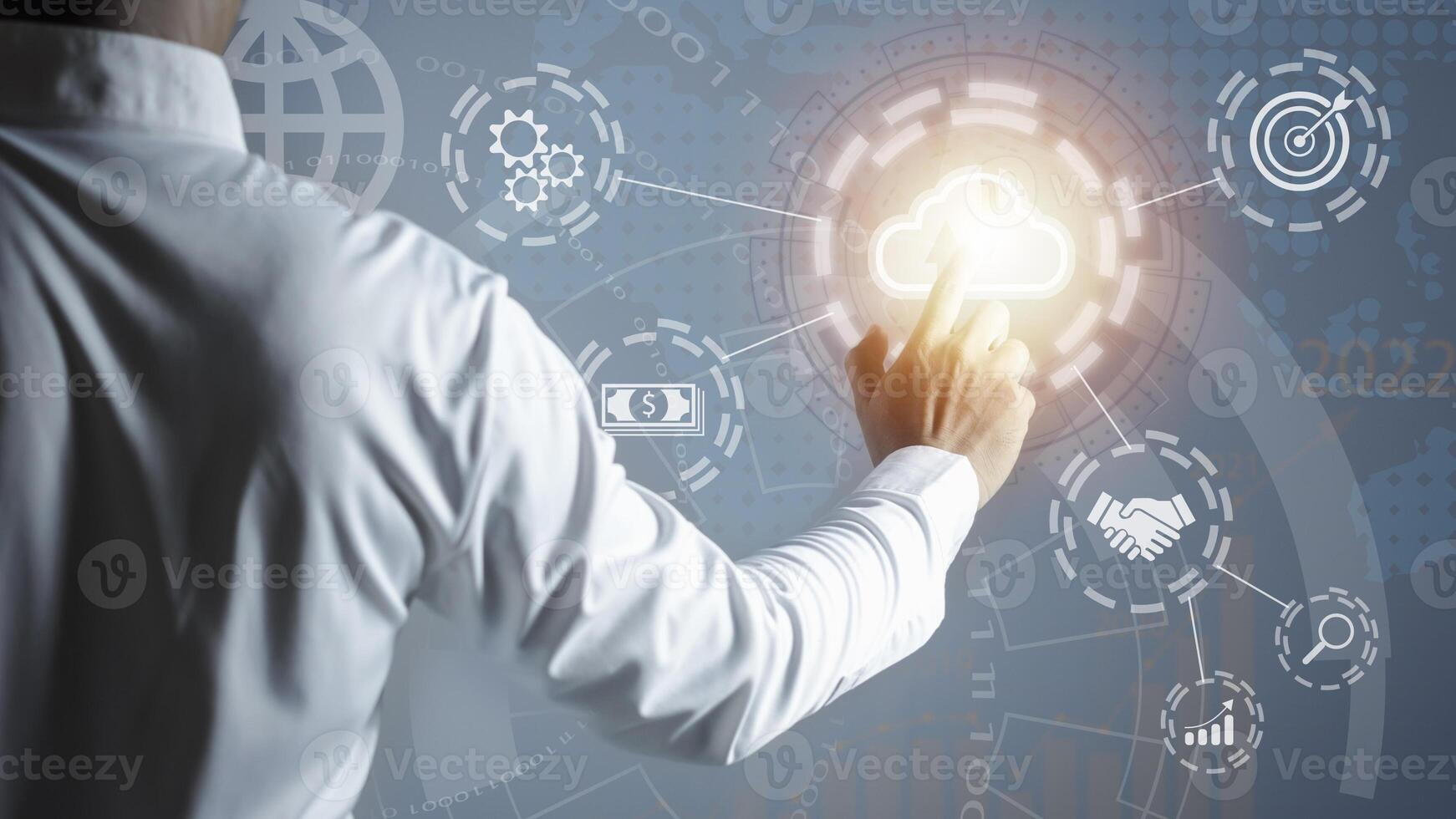Man touching cloud computing diagram on virtual screen. Cloud technology. Data storage. Networking and internet service concept. photo