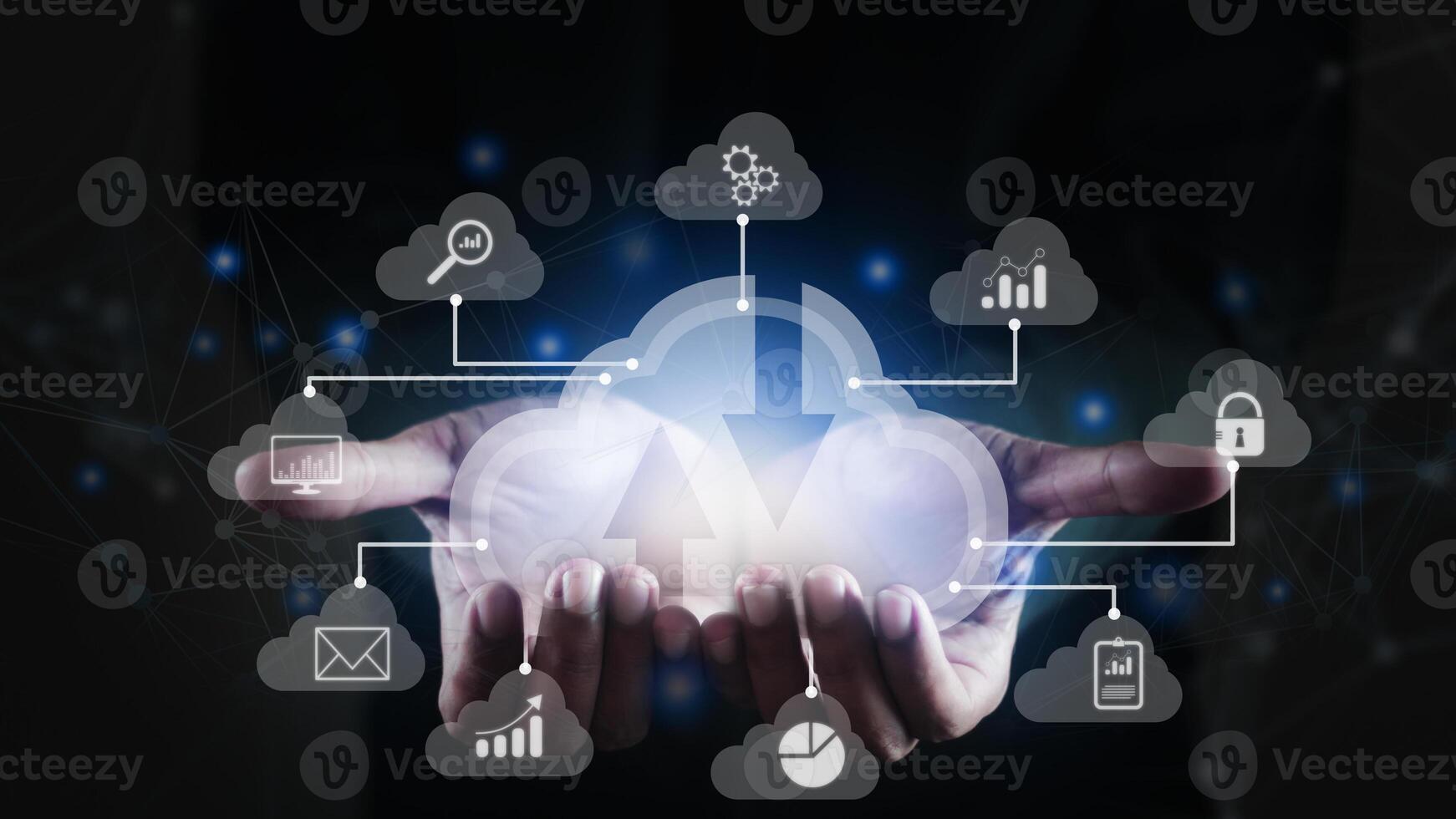 Big data analytics and business intelligence concept. Chart and graph icons on a digital screen interface in hand of businessman. photo