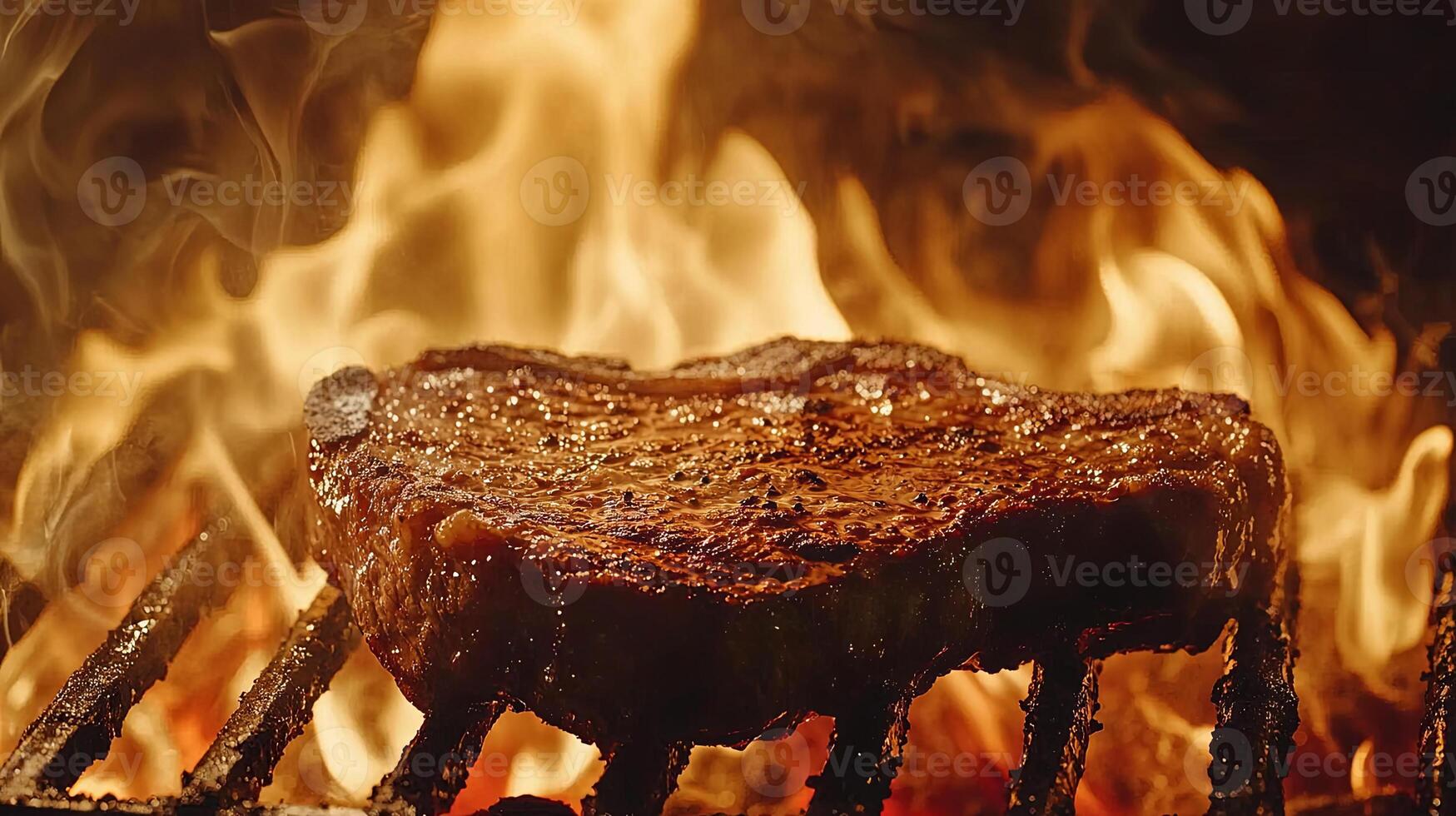 A close up of the sizzling ribeye steak on an open flame grill, photo