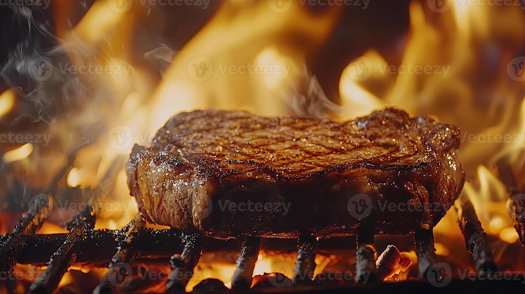 A close up of the sizzling ribeye steak on an open flame grill, photo