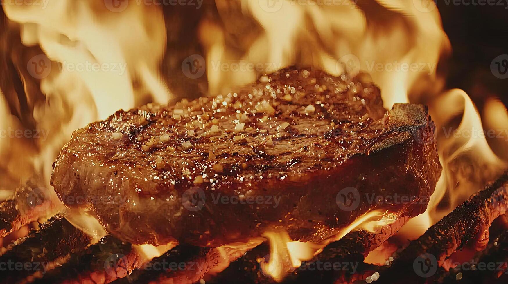 A close up of the sizzling ribeye steak on an open flame grill, photo