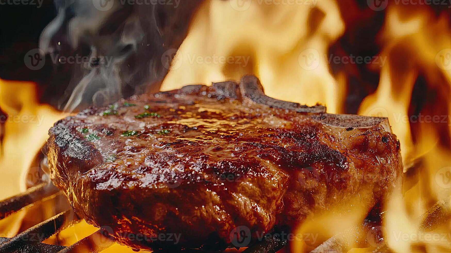 A close up of the sizzling ribeye steak on an open flame grill, photo