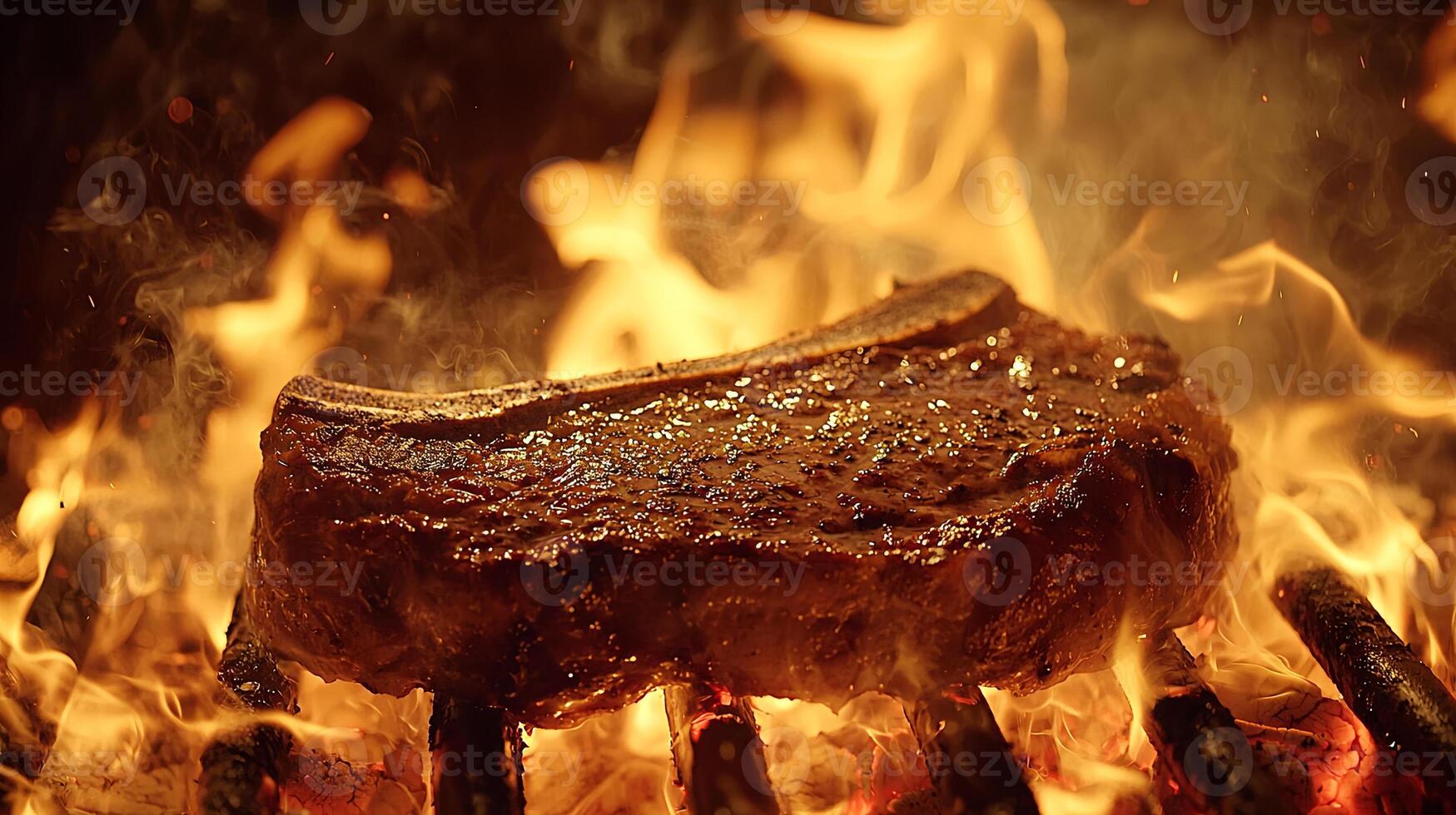 A close up of the sizzling ribeye steak on an open flame grill, photo
