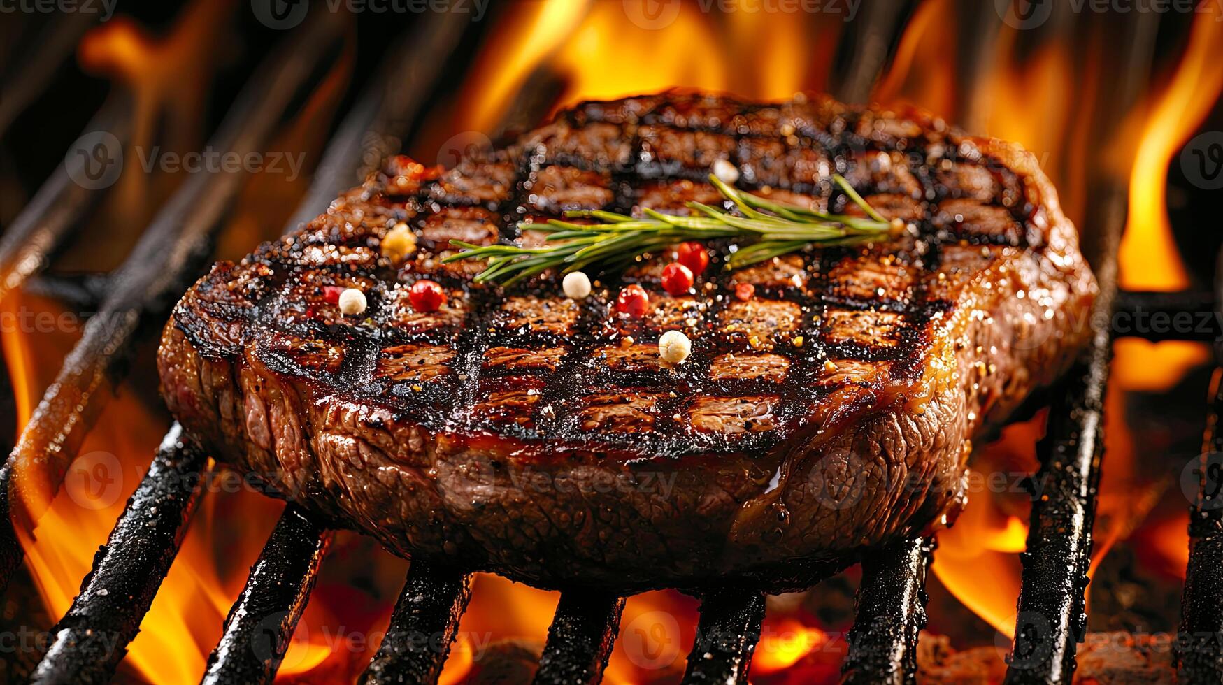 A close up of the sizzling ribeye steak on an open flame grill, photo