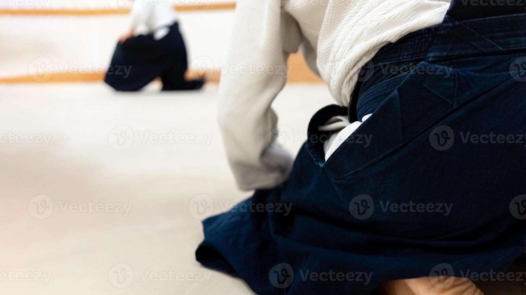 Practicing aikido martial art on a tatami. photo