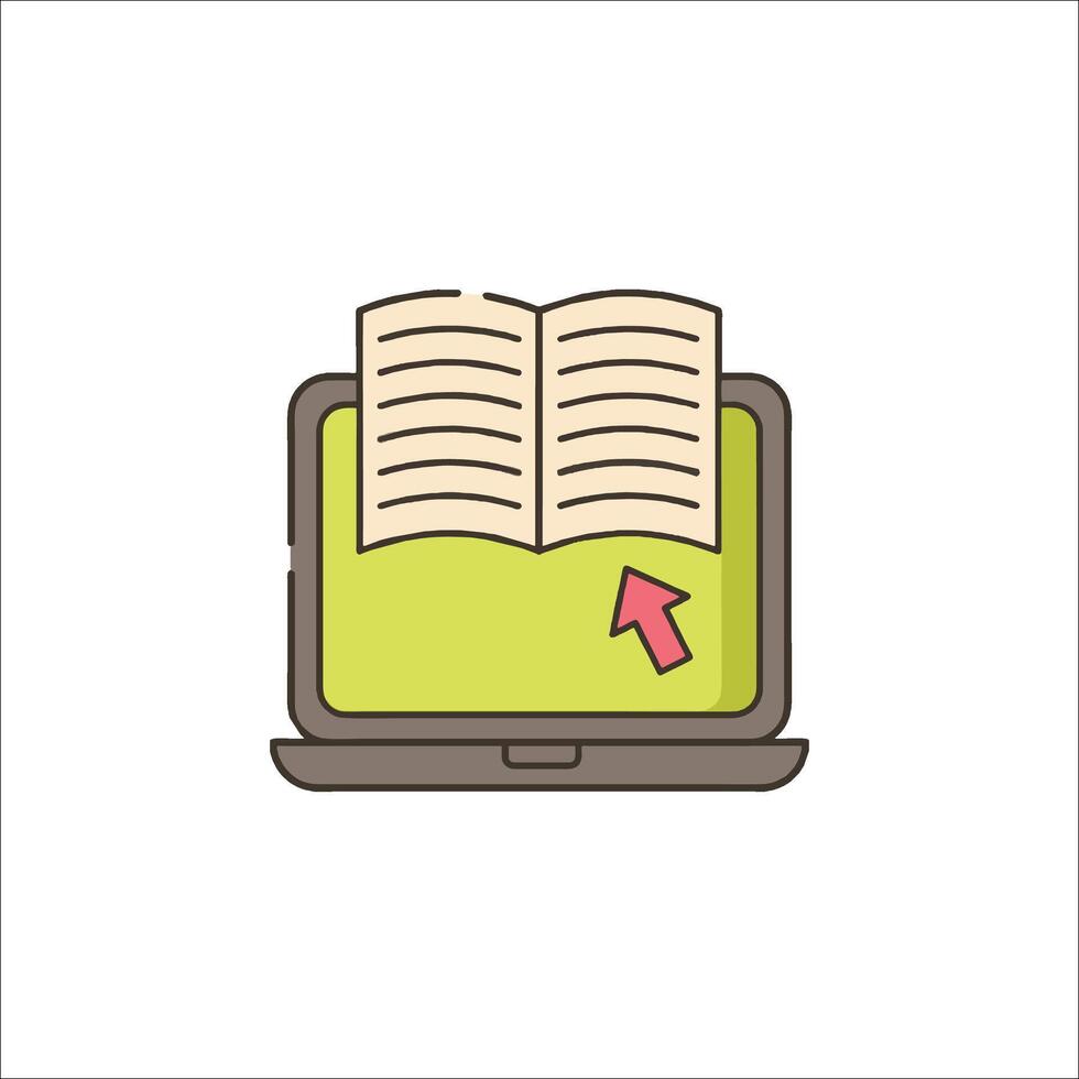 A laptop with an open book and an arrow pointing to it vector