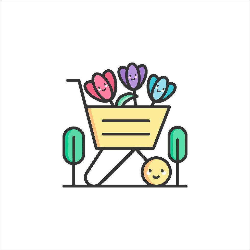 A cartoon illustration of a shopping cart with flowers vector